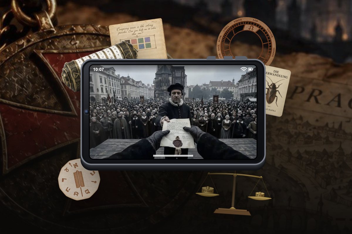 A tablet showing a film scene from Old Town Square, surrounded by game props - The Templar Secret